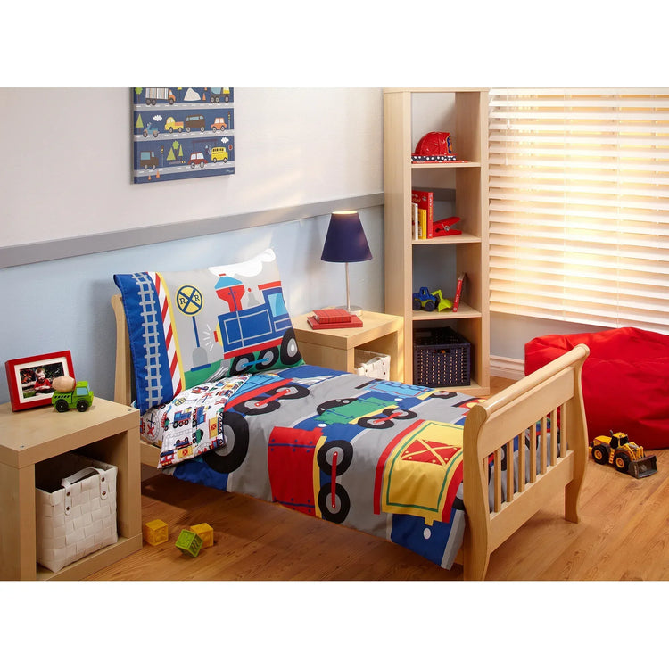 Toddler boys train bedding set with comforter, pillowcase, top sheet, and fitted sheet in colorful train design by BYMRR Train Store