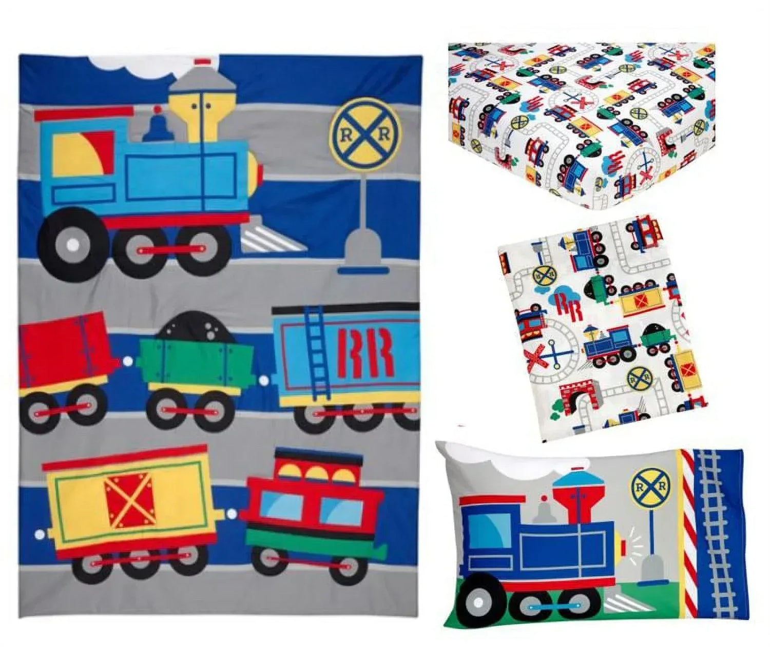 Toddler bedding set for boys with train design includes comforter, pillowcase, top sheet, and fitted sheet from BYMRR Train Store.