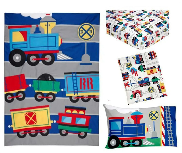 Toddler bedding set for boys with train design includes comforter, pillowcase, top sheet, and fitted sheet from BYMRR Train Store.