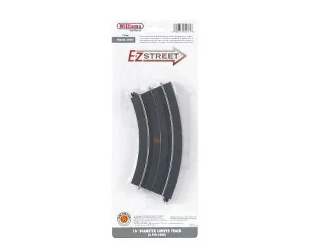 Williams O gauge E-Z Street 16-inch curved track set with four pieces, used for model train layouts and track assembly.