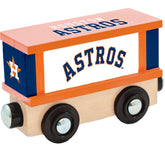 MLB Houston Astros wooden train box car by BYMRR Train Store featuring Astros team colors and logo on a wooden train car.