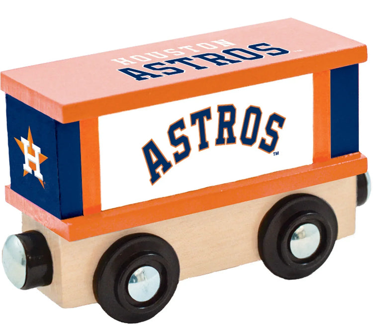 MLB Houston Astros wooden train box car by BYMRR Train Store featuring Astros team colors and logo on a wooden train car.