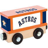 Wooden train box car featuring Houston Astros MLB logo, made by BYMRR Train Store, ideal for baseball and train enthusiasts.