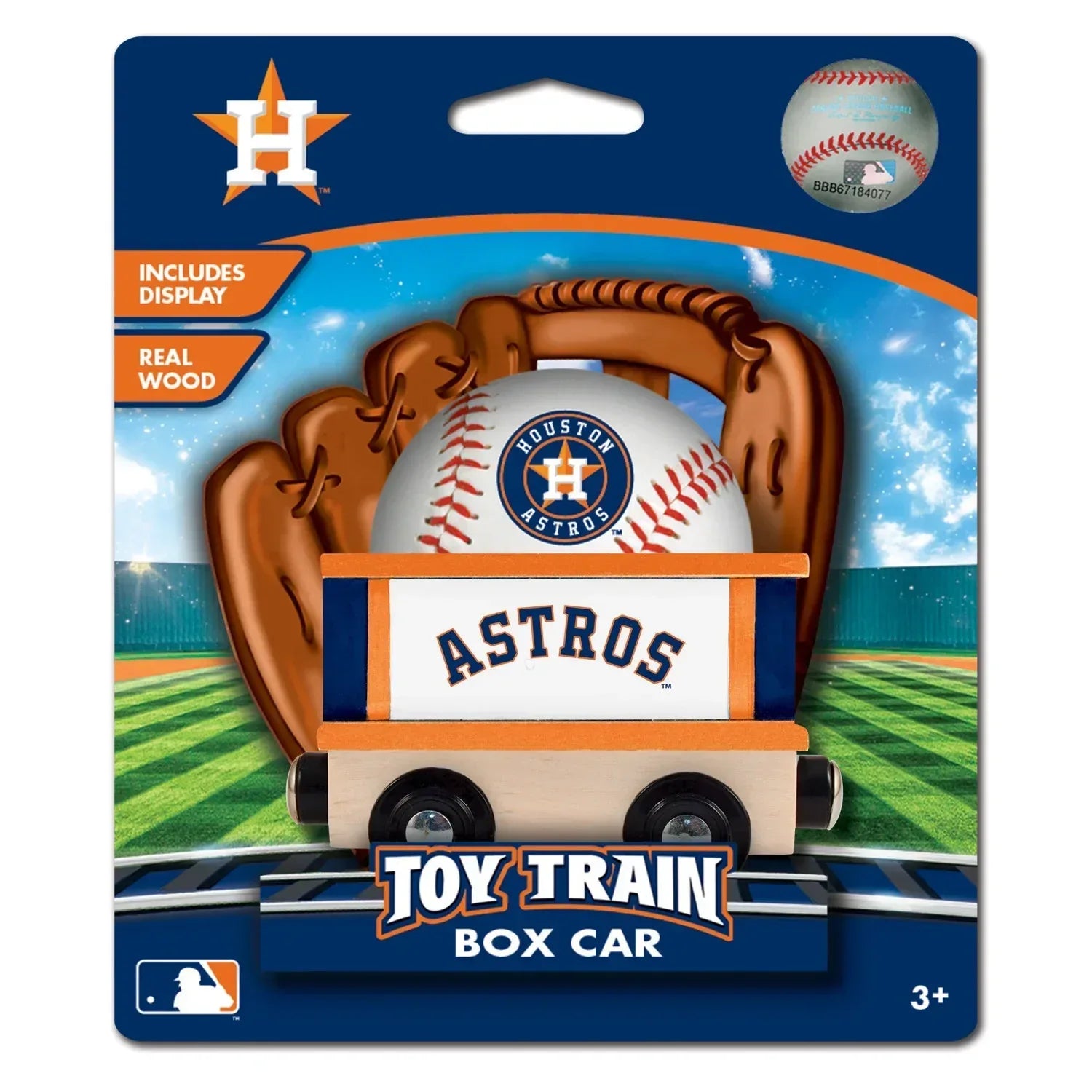 Wooden train box car featuring Houston Astros MLB team logo, designed for toy train sets by BYMRR Train Store.