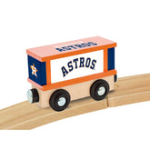 Wooden train box car featuring Houston Astros MLB team logo and colors, made by BYMRR Train Store.