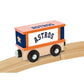 Wooden train box car featuring Houston Astros MLB team logo and colors, made by BYMRR Train Store.