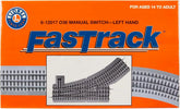 Fastrack 036 electric O gauge left-hand manual switch for model train tracks, suitable for ages 14 and up, by BYMRR Train Store.
