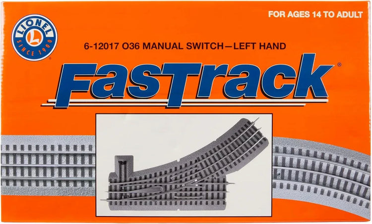 Fastrack 036 electric O gauge left-hand manual switch for model train tracks, suitable for ages 14 and up, by BYMRR Train Store.