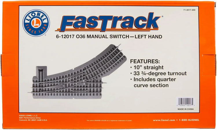 Fastrack 036 Electric O Gauge Left-Hand Manual Switch for model train tracks, suitable for ages 14 and up at BYMRR Train Store