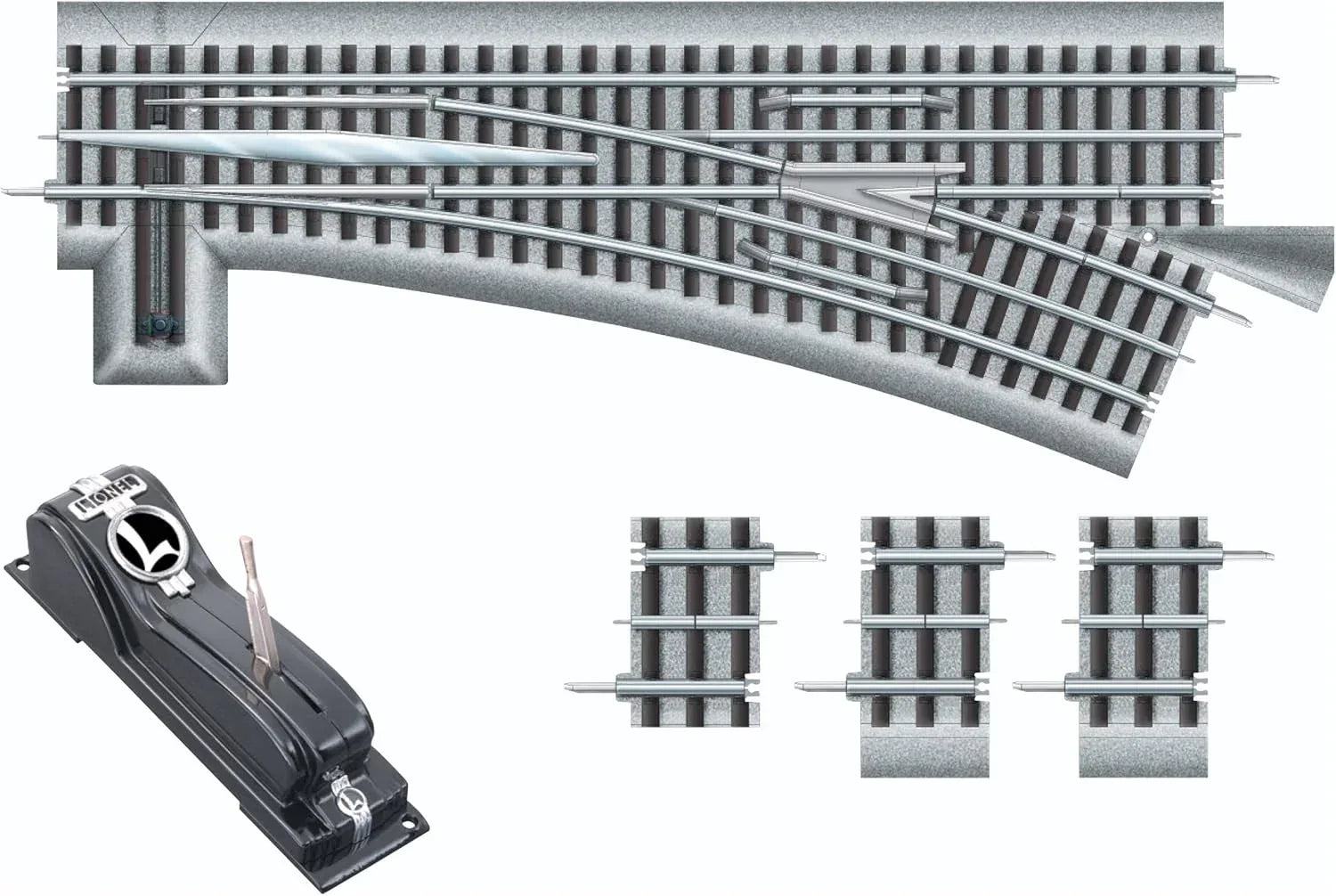 Fastrack 036 Electric O Gauge Left-Hand Manual Switch for model train sets, suitable for ages 14 and up, by BYMRR Train Store.