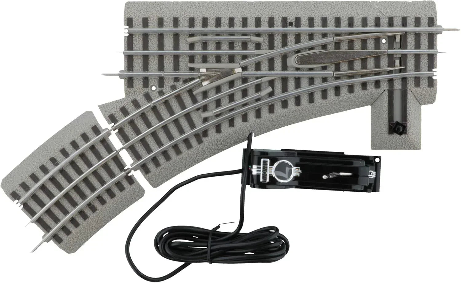 Fastrack 036 Electric O Gauge Left-Hand Manual Switch for model train tracks, suitable for ages 14 and up.