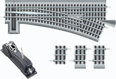Fastrack 036 Electric O Gauge Left-Hand Manual Switch track for model trains, suitable for ages 14 and up, shown from the side.