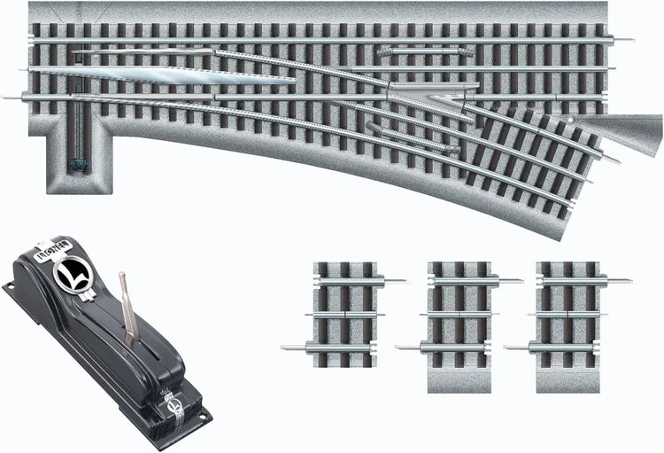 Fastrack 036 Electric O Gauge Left-Hand Manual Switch track for model trains, suitable for ages 14 and up, shown from the side.