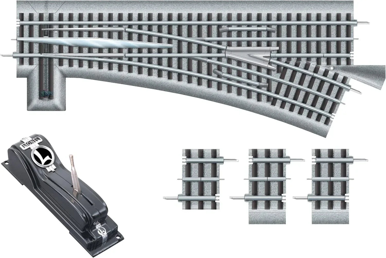 Fastrack O Gauge 036 electric left-hand manual switch for model train tracks, suitable for ages 14 and up.