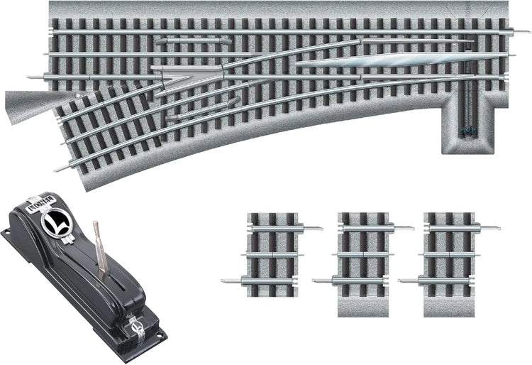 Fastrack 036 Electric O Gauge Left-Hand Manual Switch for model train tracks, suitable for ages 14 and up.