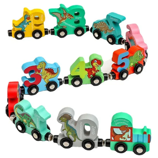 11-piece magnetic dinosaur train number wooden toy set for Montessori learning by BYMRR Train Store, featuring colorful train and dinosaur pieces.