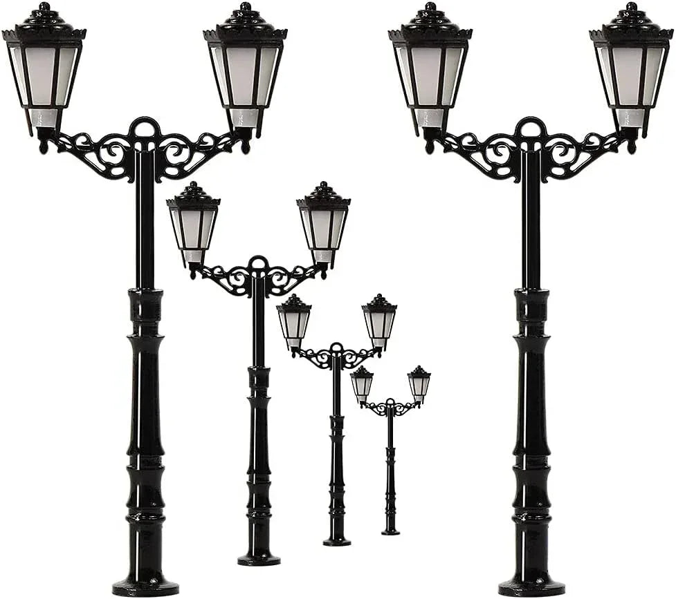N-scale LED street light set with three realistic model lights, designed for enhanced realism in N gauge model railroads.