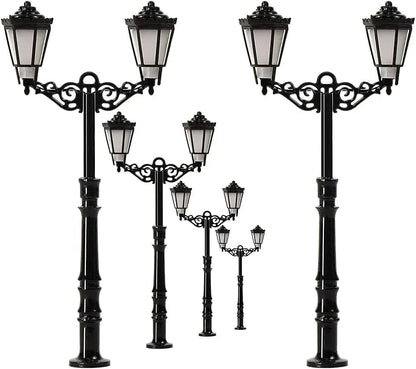 N-scale LED street light set with three realistic model lights, designed for enhanced realism in N gauge model railroads.