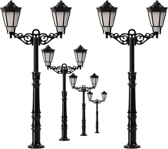 N-scale LED street light set with three realistic model lights, designed for enhanced realism in N gauge model railroads.