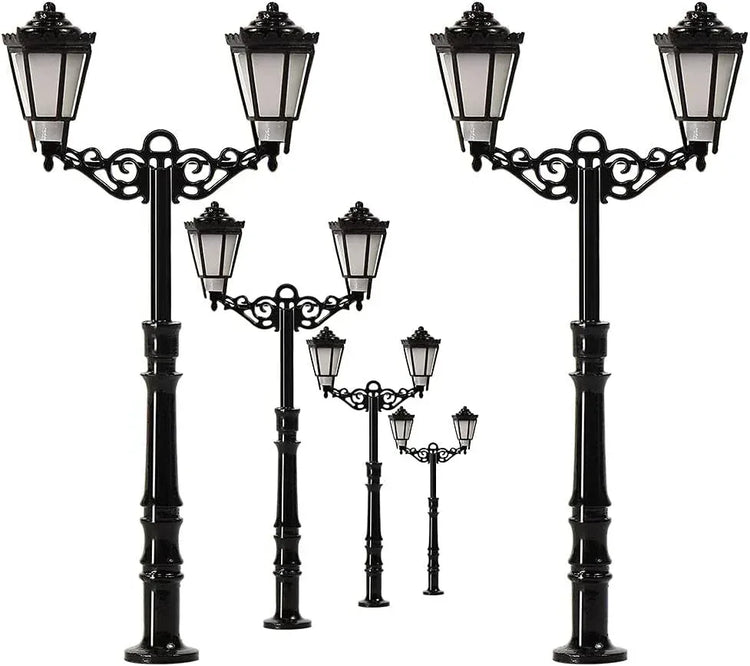 N-scale LED street light set with three realistic model lights, designed for enhanced realism in N gauge model railroads.