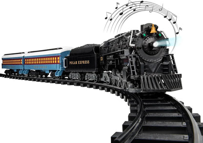 Polar Express Berkshire-style battery-operated model train set with remote control, featuring detailed train cars and festive holiday design.