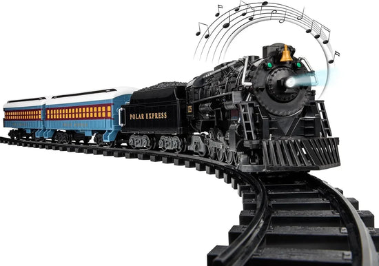 Polar Express Berkshire-style battery-operated model train set with remote control, featuring detailed train cars and festive holiday design.