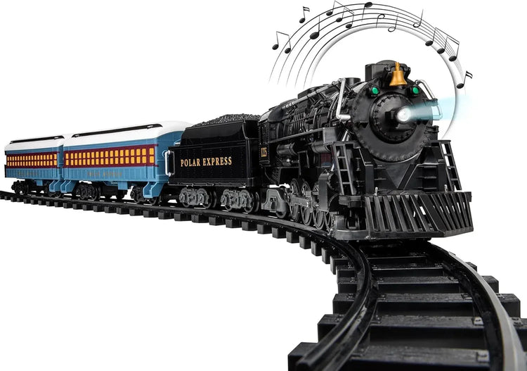 Polar Express Berkshire-style battery-operated model train set with remote control, featuring detailed train cars and festive holiday design.
