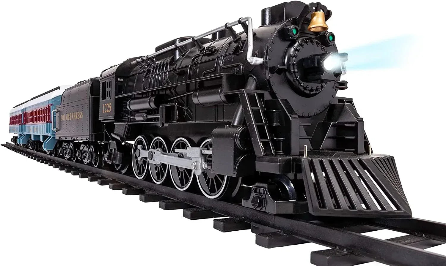 Polar Express Berkshire-style battery-operated model train set with remote control, featuring detailed train cars and realistic design.