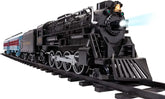 Polar Express Berkshire-style battery-operated model train set with remote control, featuring detailed train cars and realistic design.