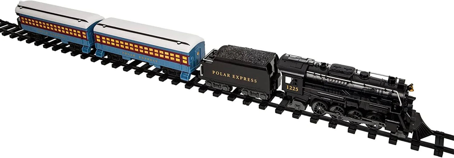 Polar Express Berkshire-style battery-operated model train set with remote control, featuring detailed train cars and scenic track.