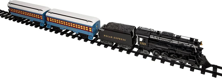 Polar Express Berkshire-style battery-operated model train set with remote control, featuring detailed train cars and scenic track.