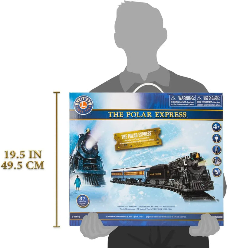 Polar Express Berkshire-style battery-operated model train set with remote control, featuring detailed train cars and remote control in view.