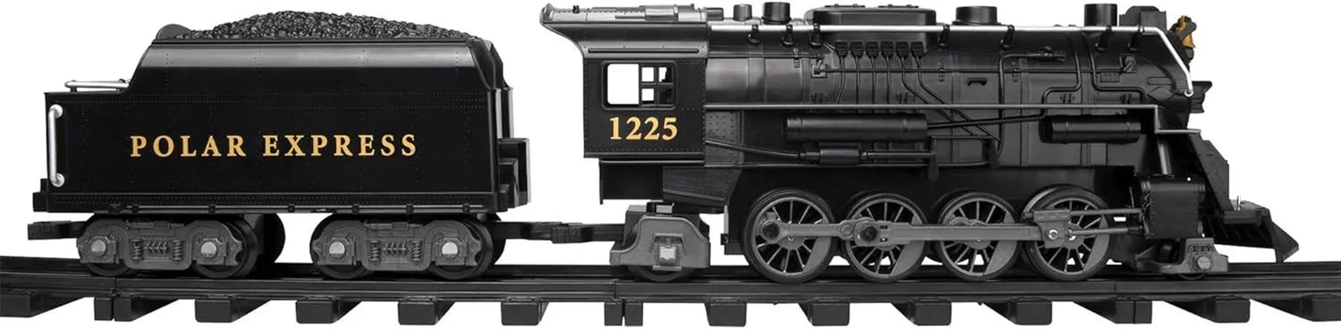 Polar Express Berkshire-style battery-operated model train set with remote control, featuring detailed train and realistic design.