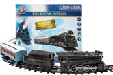 Battery-operated Polar Express Berkshire-style model train set with remote control, featuring detailed train and scenic track.