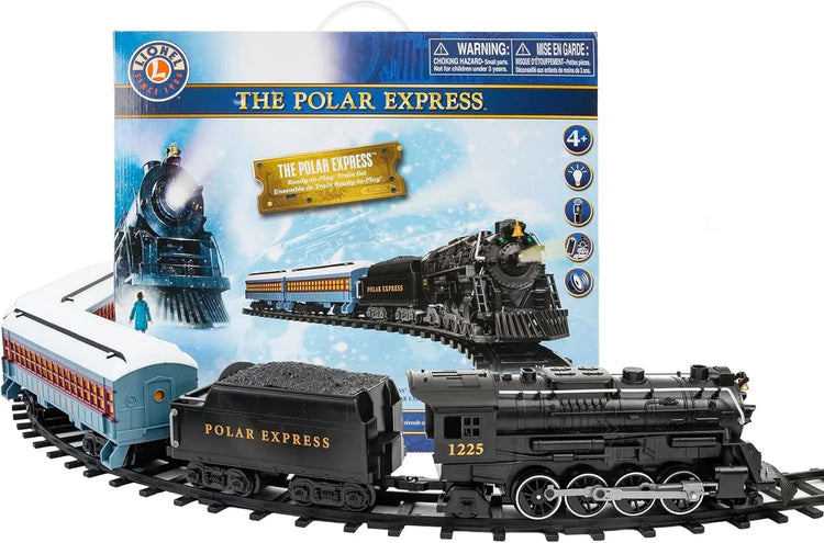 Battery-operated Polar Express Berkshire-style model train set with remote control, featuring detailed train and scenic track.