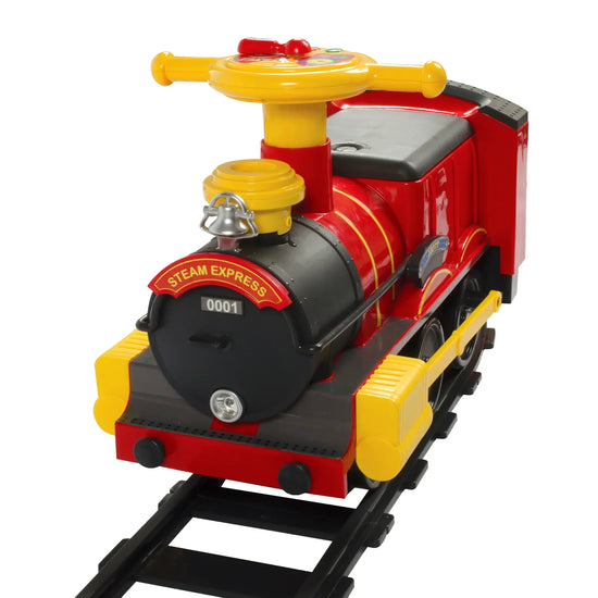 Battery-powered Steam Train ride-on vehicle for kids, featuring a classic train design and vibrant colors, suitable for young children.