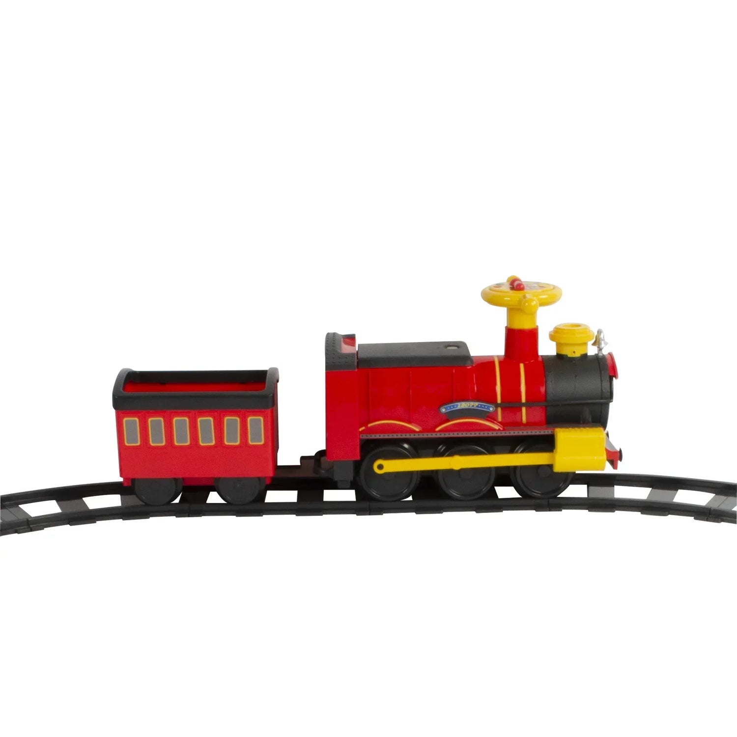 Battery-powered steam train ride-on vehicle by BYMRR Train Store, featuring a detailed 6V train design for kids.
