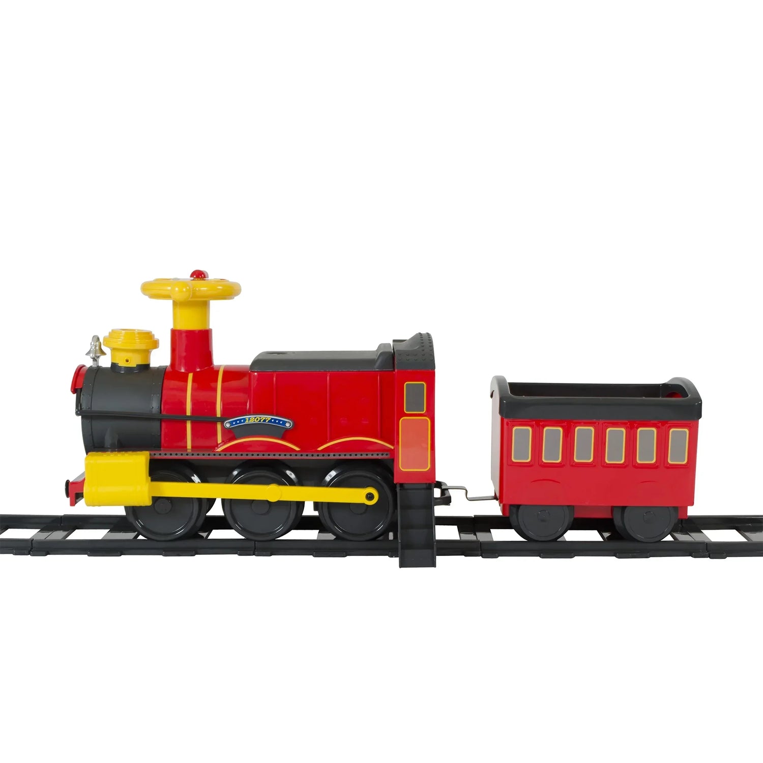 Battery-powered steam train ride-on vehicle for kids, branded BYMRR Train Store, featuring a realistic 6V train design with colorful details.