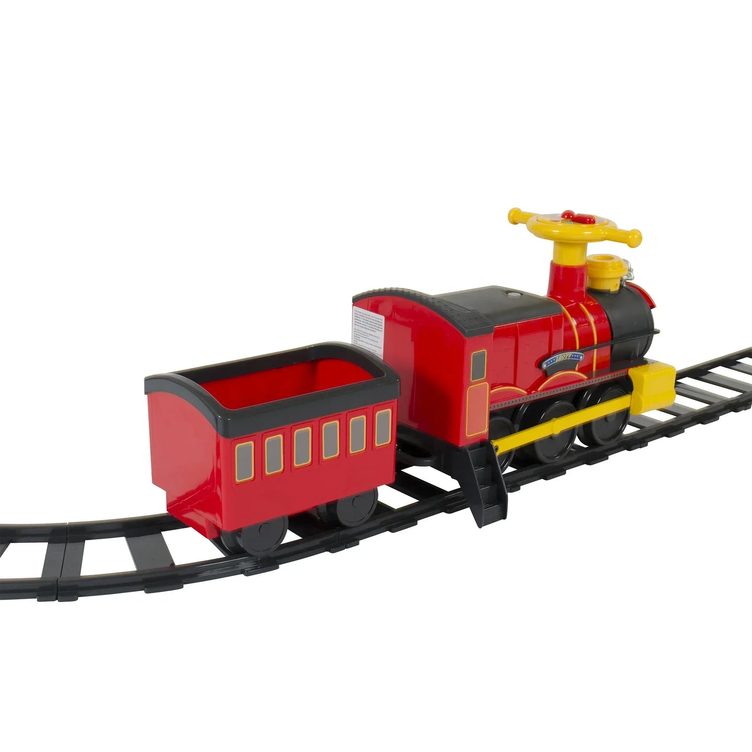 Battery-powered steam train ride-on vehicle for kids, featuring a classic train design with 6V battery from BYMRR Train Store.