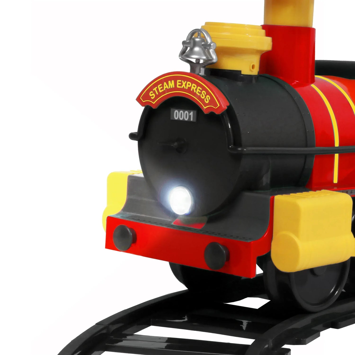 Battery-powered Steam Train ride-on vehicle by BYMRR Train Store, featuring a realistic steam engine design and vibrant colors.
