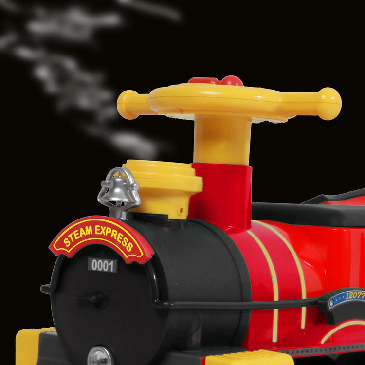 Battery-powered steam train ride-on vehicle for kids, 6V battery, designed by BYMRR Train Store, with detailed train exterior and colorful design.