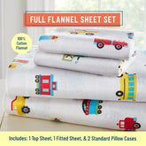 Soft 100% cotton flannel sheet set with trains, planes, and trucks design, cozy bedding from BYMRR Train Store.