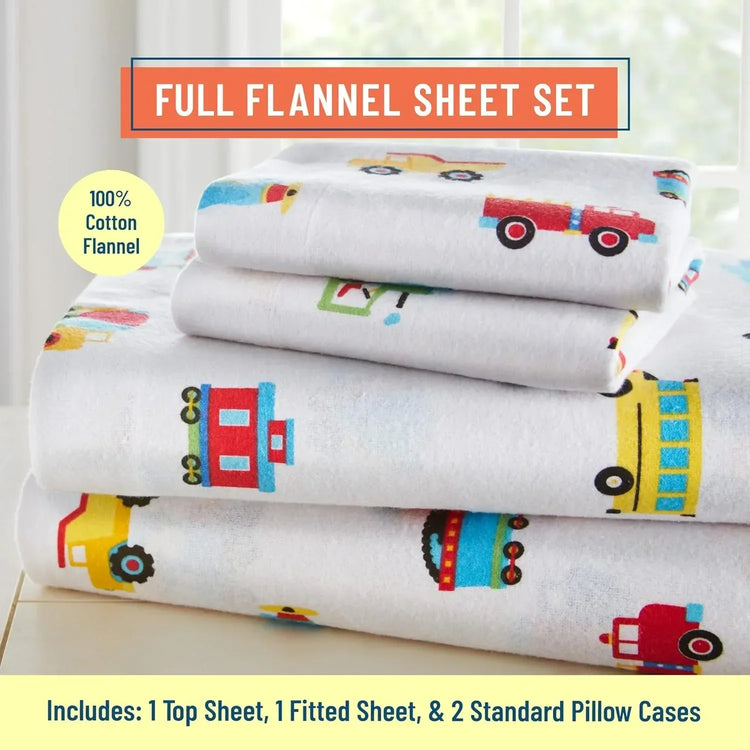 Soft 100% cotton flannel sheet set with trains, planes, and trucks design, cozy bedding from BYMRR Train Store.