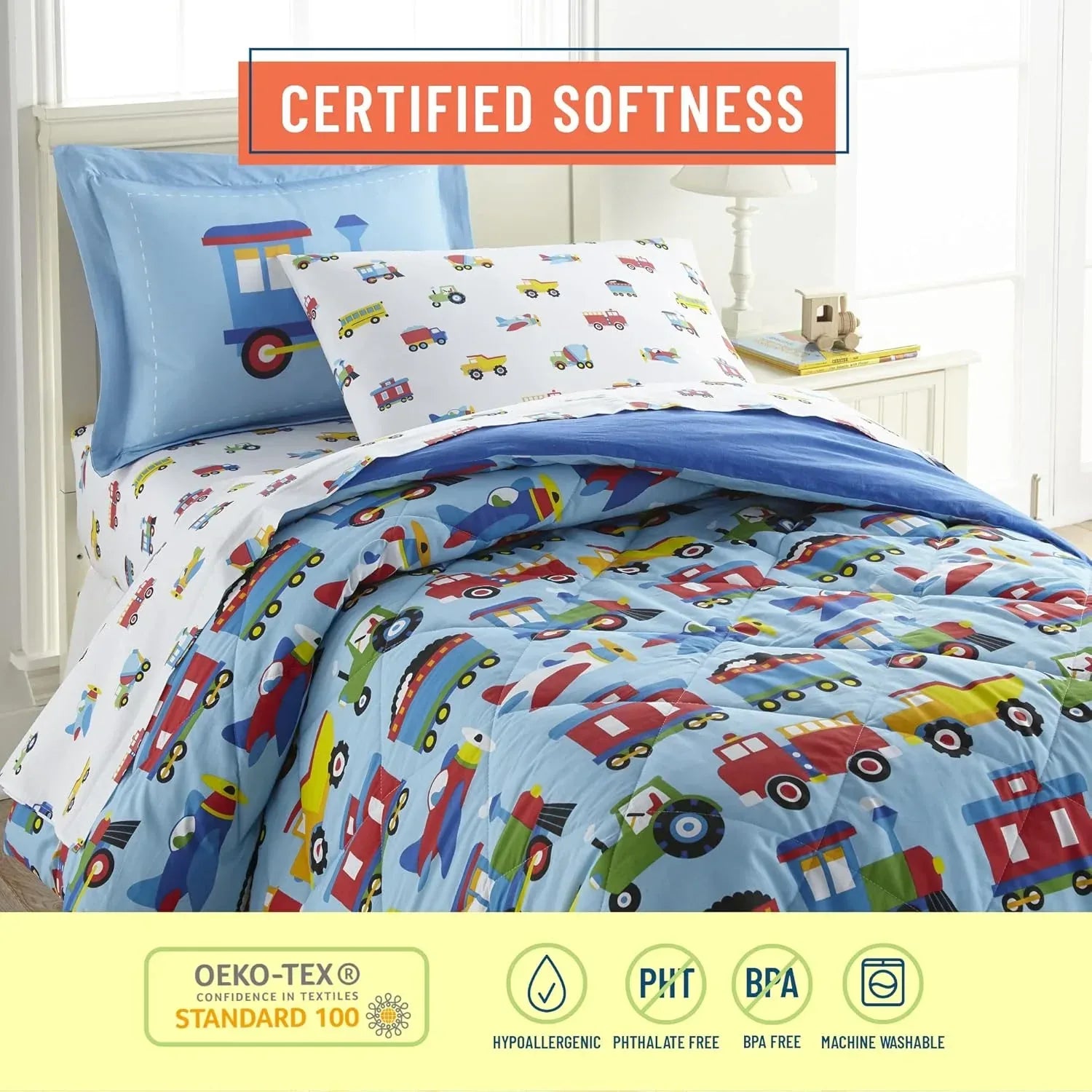 Soft cotton flannel sheet set with trains, planes, and trucks design, cozy bedding from BYMRR Train Store.