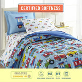 Soft cotton flannel sheet set with trains, planes, and trucks design, cozy bedding from BYMRR Train Store.