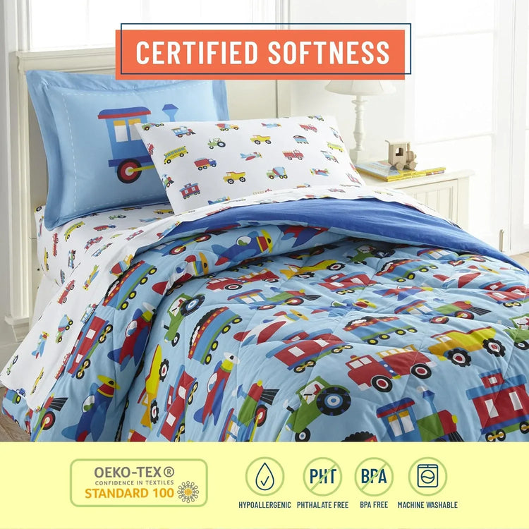 Soft cotton flannel sheet set with trains, planes, and trucks design, cozy bedding from BYMRR Train Store.