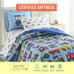 Soft cotton flannel sheet set with trains, planes, and trucks design, cozy bedding from BYMRR Train Store.
