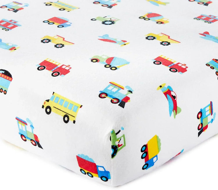 Soft 100% cotton flannel sheet set featuring trains, planes, and trucks design, ideal for cozy bedding.
