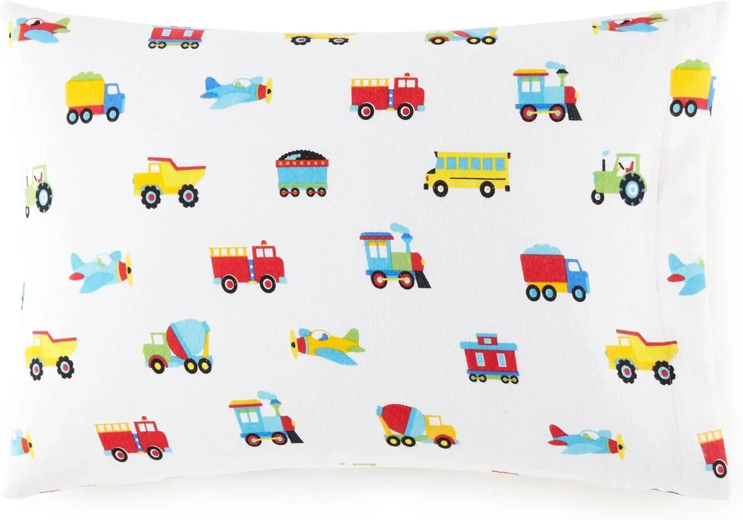 Soft 100% cotton flannel sheet set with trains, planes, and trucks print, cozy bedding from BYMRR Train Store.