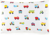 Soft 100% cotton flannel sheet set with trains, planes, and trucks print, cozy bedding from BYMRR Train Store.